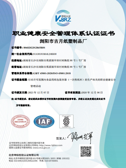 职业健康安全管理体系证书